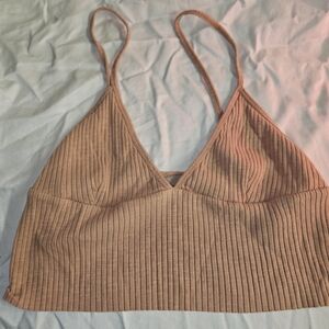 Ribbed Knit Triangle Bralette Tan Beige Stretch